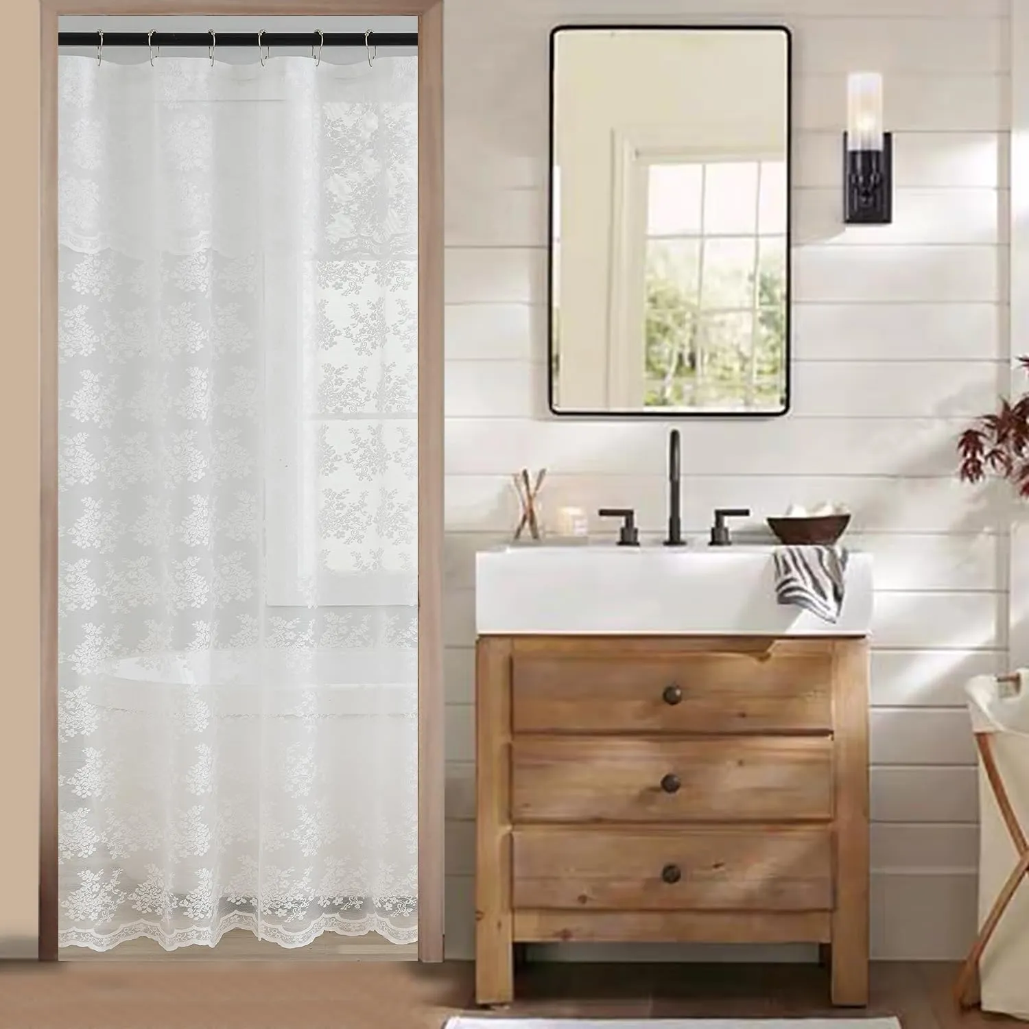 White Stall Size Shower Curtain - Country Lace Shower Curtain 36 x 72 Inch with Attach Valance, Luxury Floral Small RV Narrow Shower Curtain for Bathroom Half Size 36 x 72 Inch