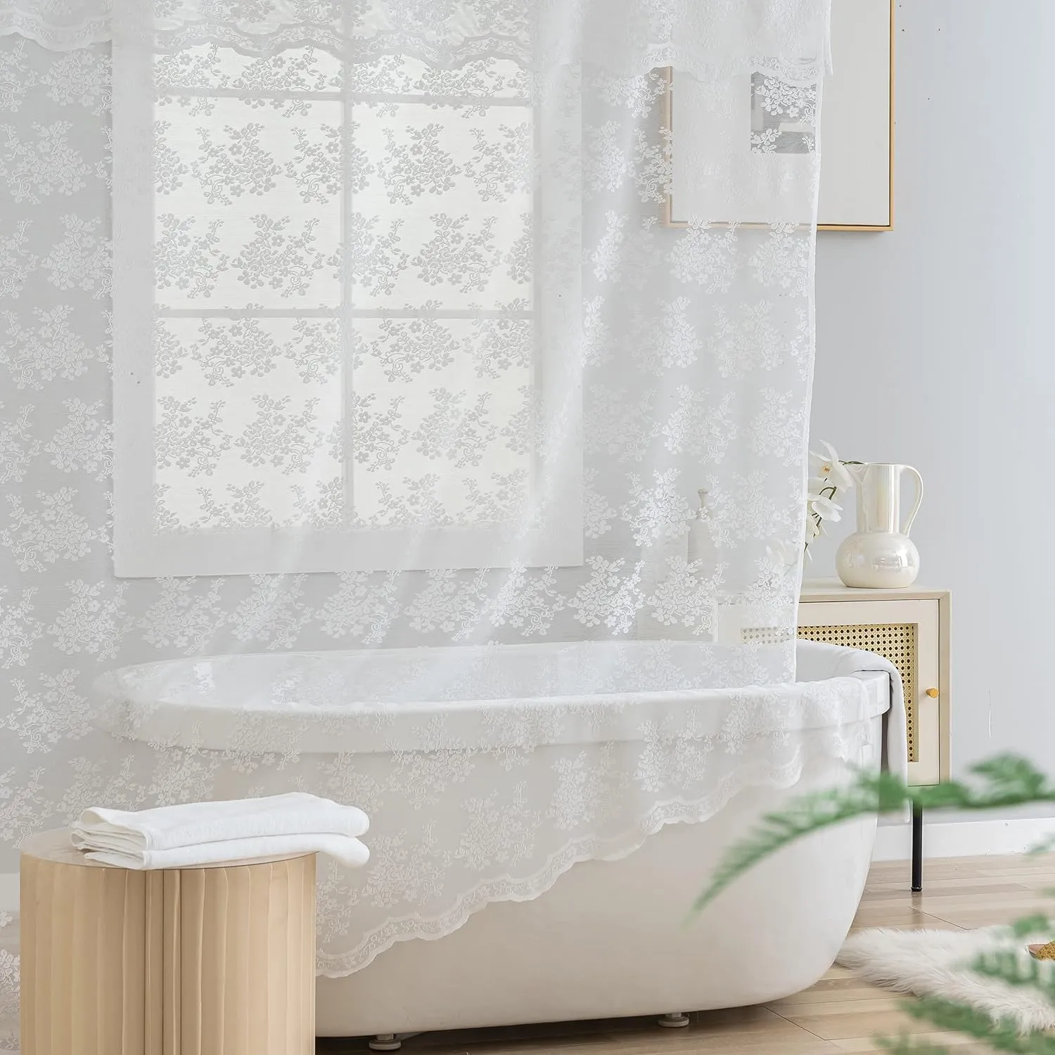 White Stall Size Shower Curtain - Country Lace Shower Curtain 36 x 72 Inch with Attach Valance, Luxury Floral Small RV Narrow Shower Curtain for Bathroom Half Size 36 x 72 Inch
