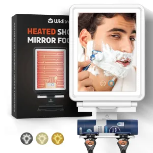Widitn Heated Shower Mirror Fogless for Shaving, 3 Color Dimmable Lights Shower Mirror Fogless, Rechargeable Anti-Fog Shaving Mirror with Razor Holder, Storage Tray, Squeegee