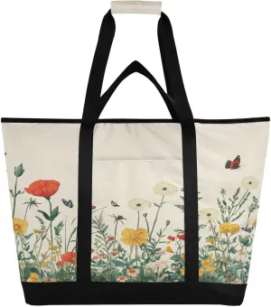 Wildflowers Butterfly Reusable Insulated Lunchbox Cooler Bag, Leakproof Kitchen Grocery Bag Collapsible Portable Cooler Tote Bag for Picnic, Camping, Office, Travel