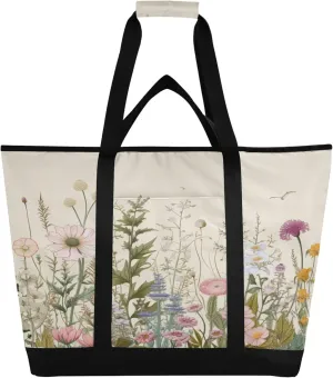 Wildflowers Reusable Insulated Cooler Bag with Ice Pack Compartment - Large 172L Waterproof Thermal Grocery Tote for Picnic Beach Camping Lunch Storage