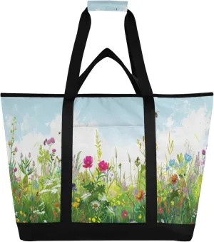 Wildflowers Reusable Insulated Cooler Bag with Ice Pack Compartment - Large 178L Waterproof Thermal Grocery Tote for Picnic Beach Camping Lunch Storage