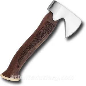 Windlass Viking Hunting Thane Hand Forged Steel Blade Norse Engraved Axe with Leather Belt Sheath and Bone Butt Cap - Throwing Tomahawk