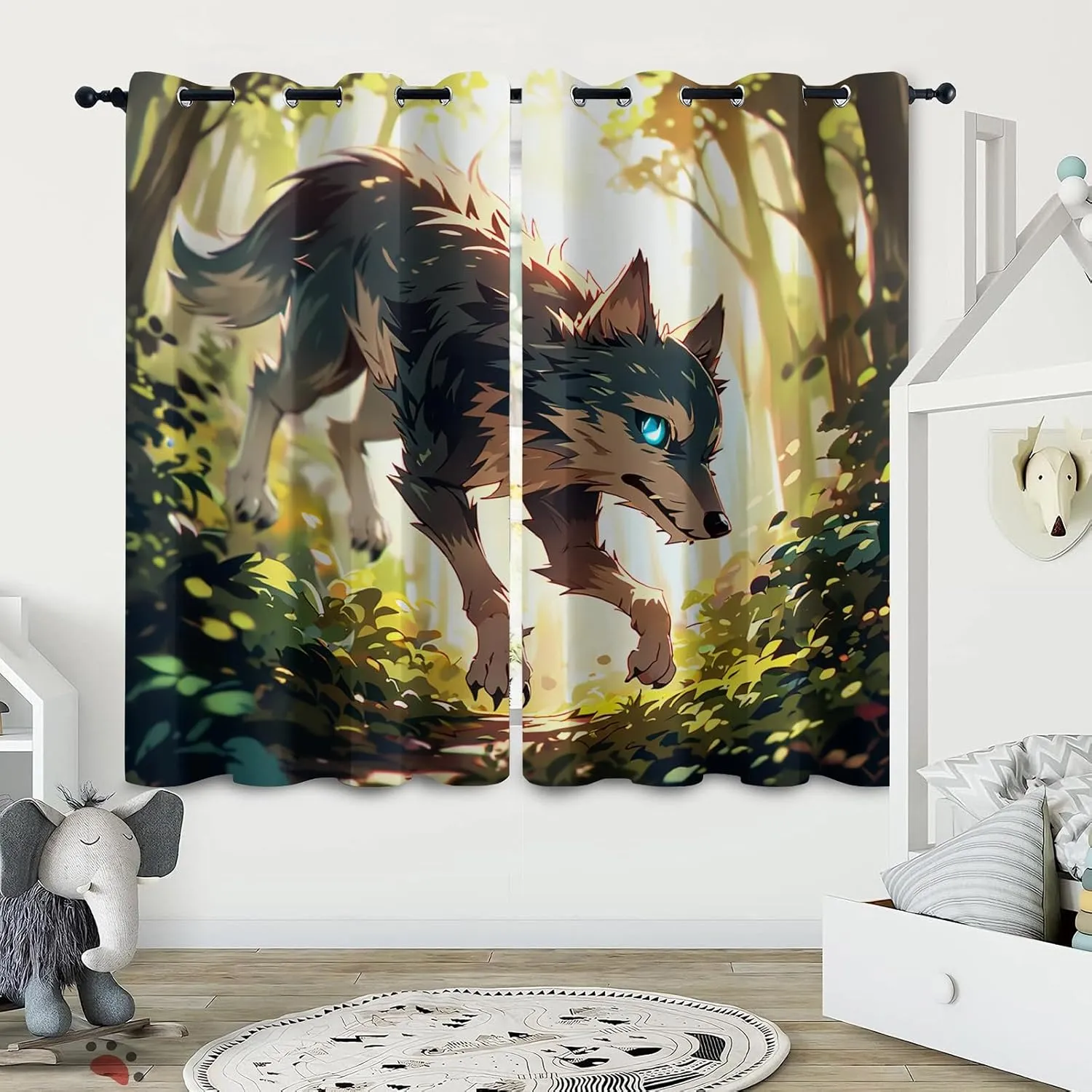 Window Curtain Panels Cartoon Wear Resistant 42" W x 54" L Jungle Running Wolf 2 Panel Sets Blackout Protect Privacy Thermal Insulated with Grommet Drapes for Living Room Bedroom