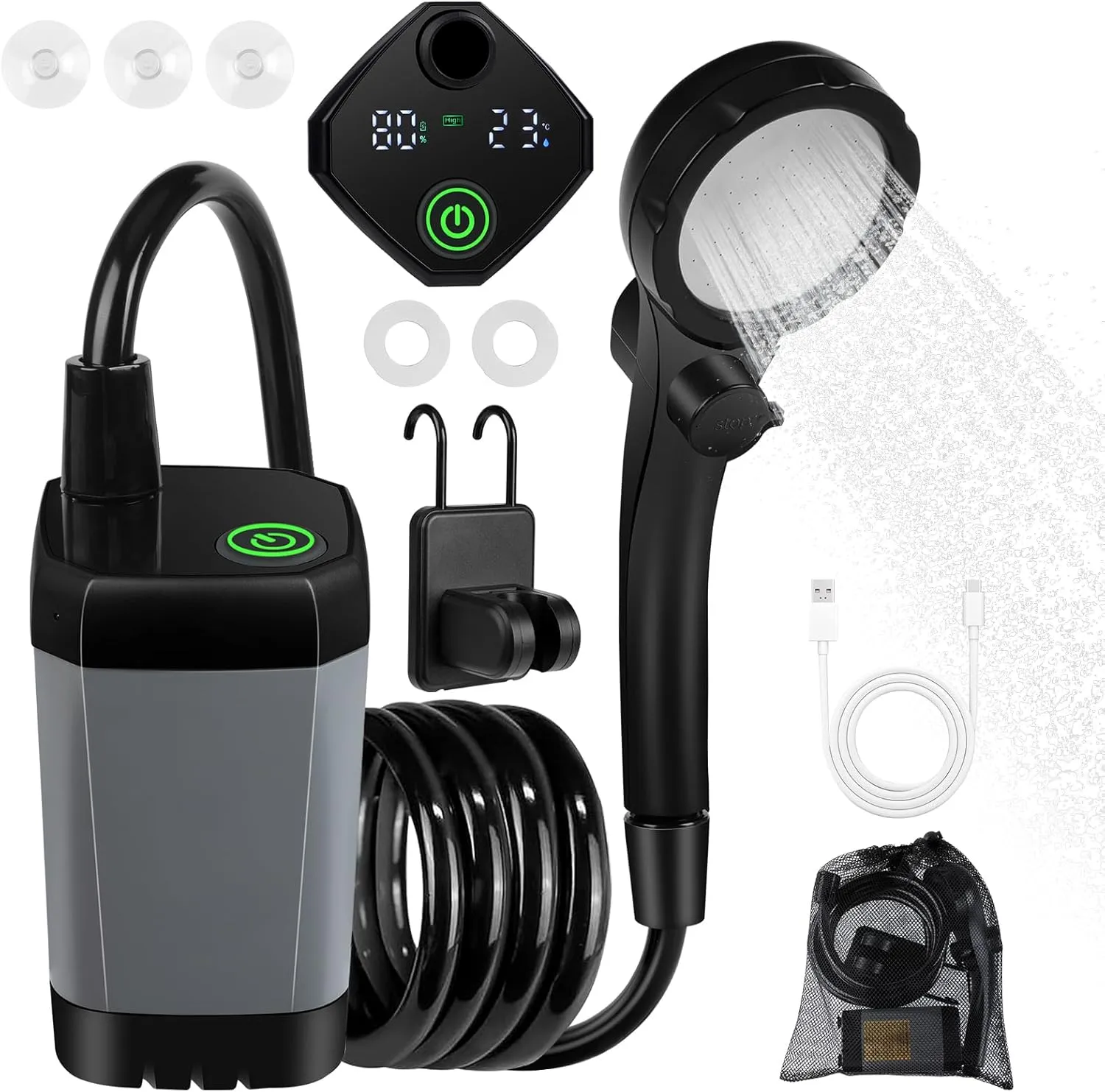 WIOR Portable Shower for Camping, 6000mAh Rechargeable Electric Camp Shower Pump with Intelligent Digital Display Outdoor ShowerHead Water Sprayer for Hiking Beach Traveling RV Car Washing Pet Bathing