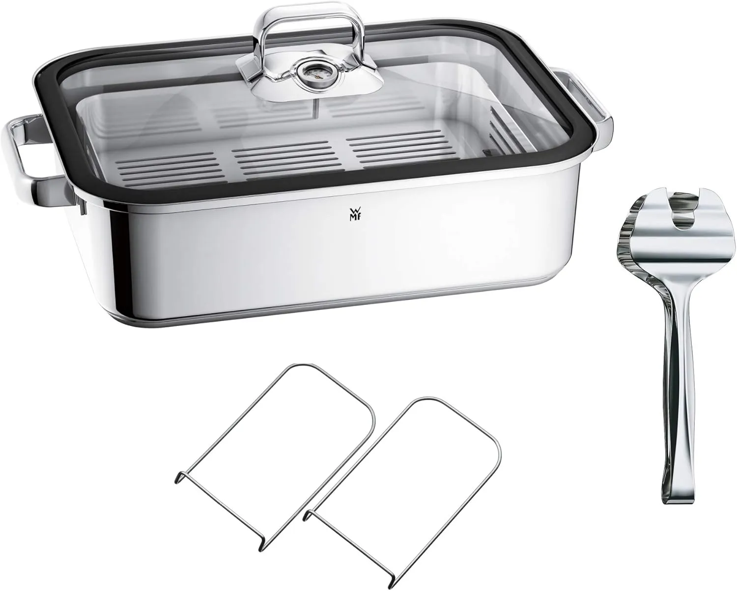 WMF Vitalis Aroma Steamer, Roasting Dish Induction, 41 x 27 x 10 cm, Casserole Dish 6.5 L, Serving Tongs, Glass Lid Silicone Rim, Thermometer, Cooking Tray, Cromargan Stainless Steel, Uncoated