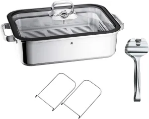 WMF Vitalis Aroma Steamer, Roasting Dish Induction, 41 x 27 x 10 cm, Casserole Dish 6.5 L, Serving Tongs, Glass Lid Silicone Rim, Thermometer, Cooking Tray, Cromargan Stainless Steel, Uncoated