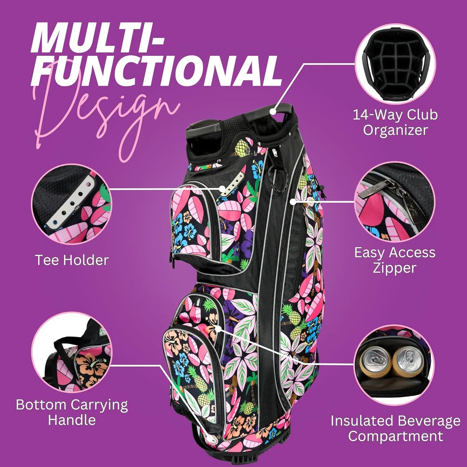 Women’s Golf Cart Bag – Taboo Fashions Resort Collection Lightweight 14-Way Ladies Bag with Cooler, Rain Hood, 7 Zippered Pockets, Tee Holder & More