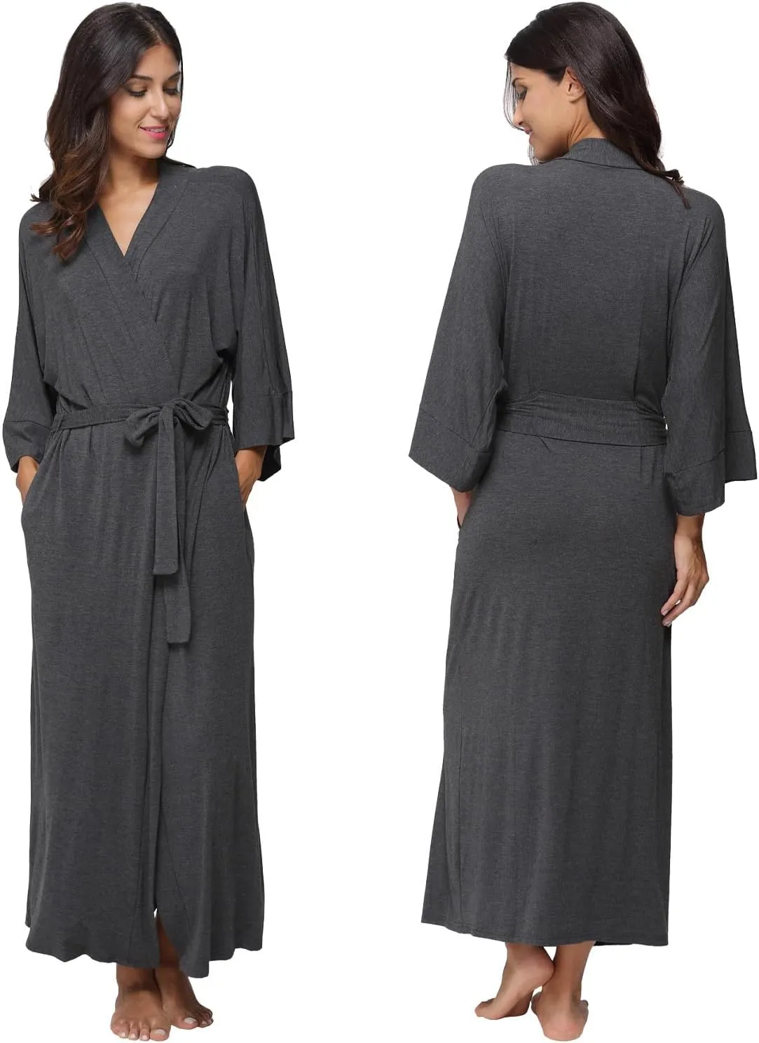Women's Long Robes Soft Kimono Bathrobe Lightweight Sleepwear Maternity Dressing Gown Knit Wrap House Loungewear