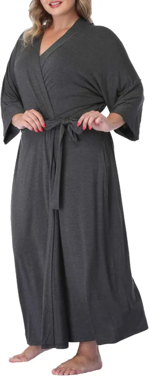 Women's Long Robes Soft Kimono Bathrobe Lightweight Sleepwear Maternity Dressing Gown Knit Wrap House Loungewear