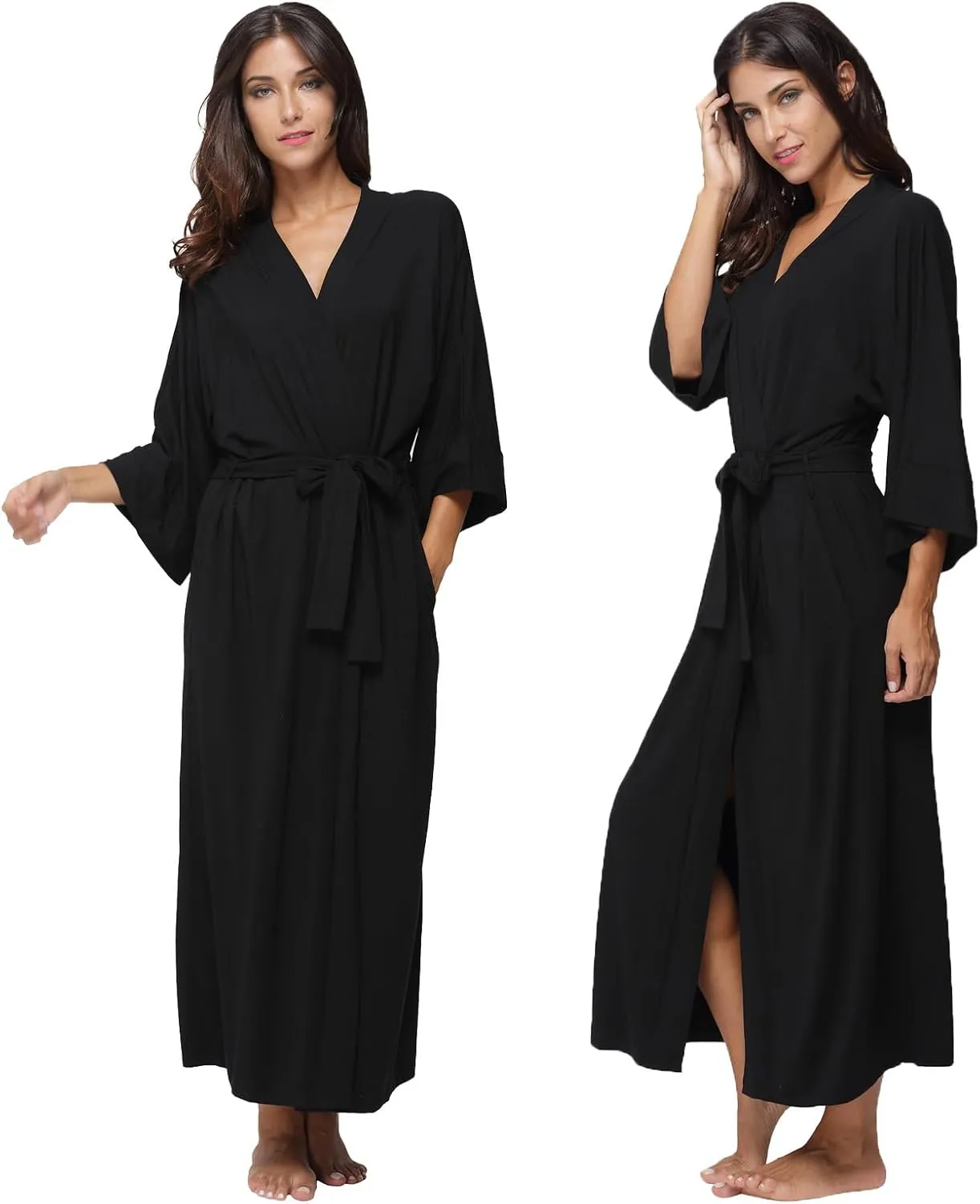 Women's Long Robes Soft Kimono Bathrobe Lightweight Sleepwear Maternity Dressing Gown Knit Wrap House Loungewear