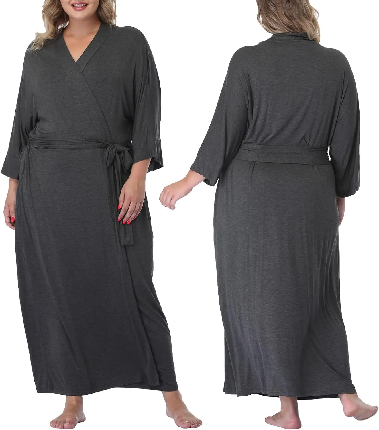 Women's Long Robes Soft Kimono Bathrobe Lightweight Sleepwear Maternity Dressing Gown Knit Wrap House Loungewear