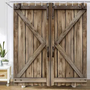 Wooden Barn Door Shower Curtain, Rustic Wooden Garage Door Shower Curtain Vintage Wood Farmhouse Country Barn Door Bathroom Accessories with Hooks, 72X72 Inch
