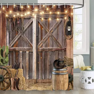Wooden Barn Door Shower Curtain, Rustic Wooden Garage Door Shower Curtain Vintage Wood Farmhouse Shower Curtain, Country Barn Door Shower Curtain with Hooks, 72X72 Inch, Multi2