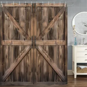 Wooden Barn Door Shower Curtain, Rustic Wooden Garage Door Shower Curtain Vintage Wood Farmhouse Shower Curtain, Country Barn Door Shower Curtain with Hooks, 72X72 Inch, Multi