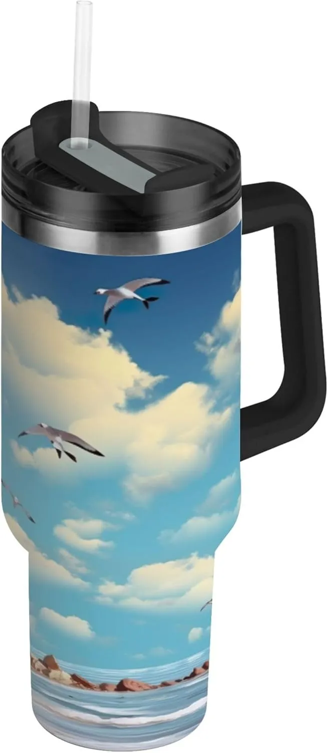 xigua 30 oz Lighthouse Tumbler with Handle and Straw Lid, Stainless Steel Vacuum Insulated Sports Water Bottle, Keeps Cold or Hot Coffee Cup Travel Mug