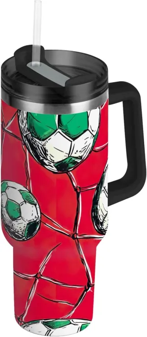 xigua 30 oz Soccer Balls Tumbler with Handle and Straw Lid, Stainless Steel Vacuum Insulated Sports Water Bottle, Keeps Cold or Hot Coffee Cup Travel Mug