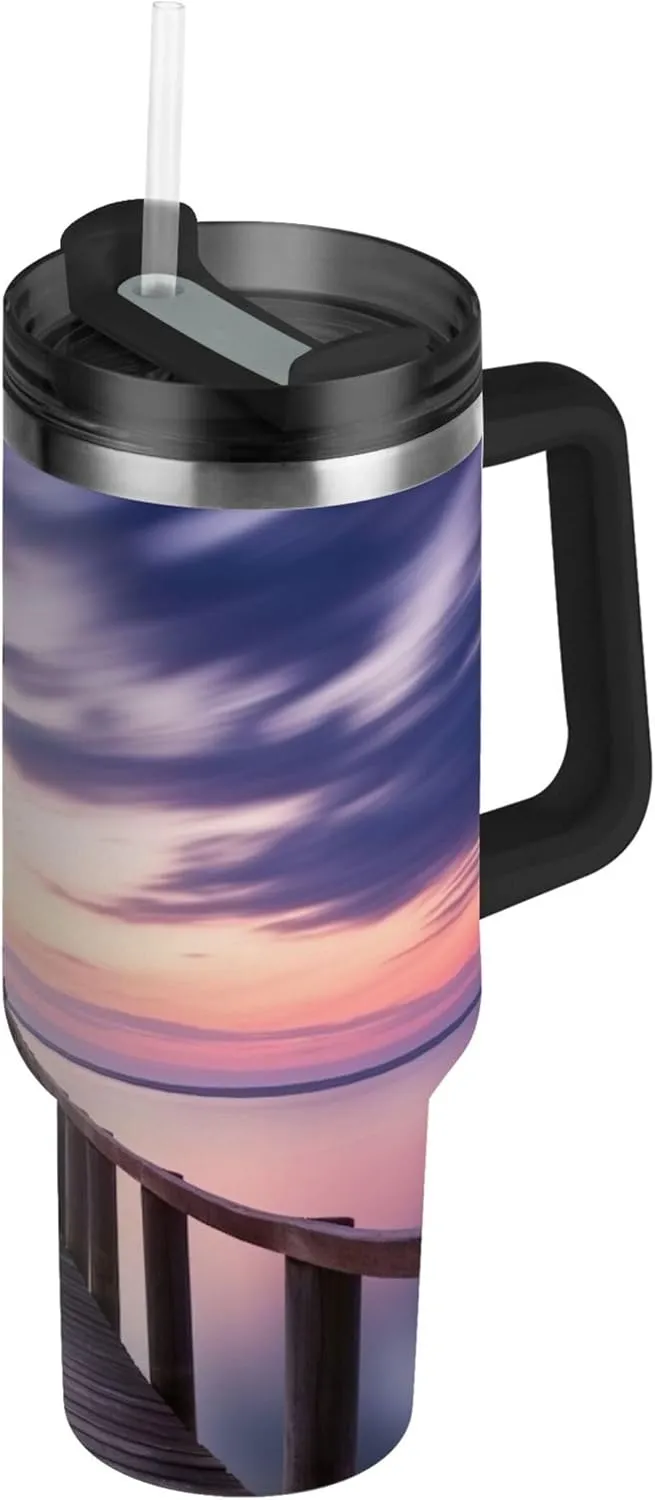 xigua 30 oz Sunset Lighthouse Tumbler with Handle and Straw Lid, Stainless Steel Vacuum Insulated Sports Water Bottle, Keeps Cold or Hot Coffee Cup Travel Mug