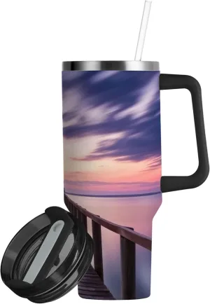 xigua 30 oz Sunset Lighthouse Tumbler with Handle and Straw Lid, Stainless Steel Vacuum Insulated Sports Water Bottle, Keeps Cold or Hot Coffee Cup Travel Mug
