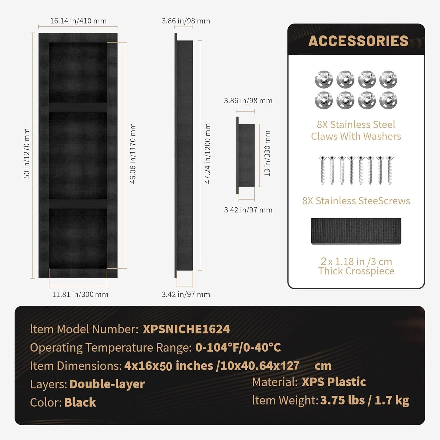 XPS Shower Niche Insert Tile Ready 16" x 50", 3 Shelves Wall Niche Recessed, Black