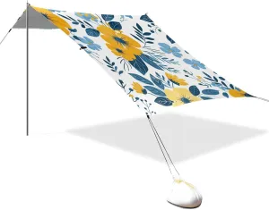 Yellow Flowers and Blue Leaves Designed UPF50  Beach Tent & Canopy Waterproof Large Sun Shelter with Sand Shovel for Backyard, Grassland, Park casita de Playa para