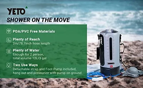 YETO Portable Camping Shower 12L Solar Camping Shower Bag with Foot Pump and Sprayer