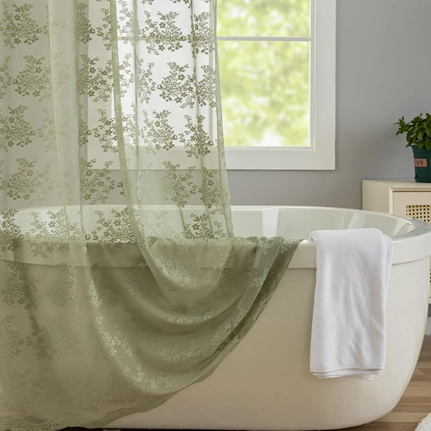 YJ YANJUN Sage Green Shower Curtain for Bathroom, Rustic Floral Lace Sheer Shower Curtain with Attached Valance, Scalloped Edge Elegant Sage Shower Curtain, 72 x 72 Inch, Sage Green
