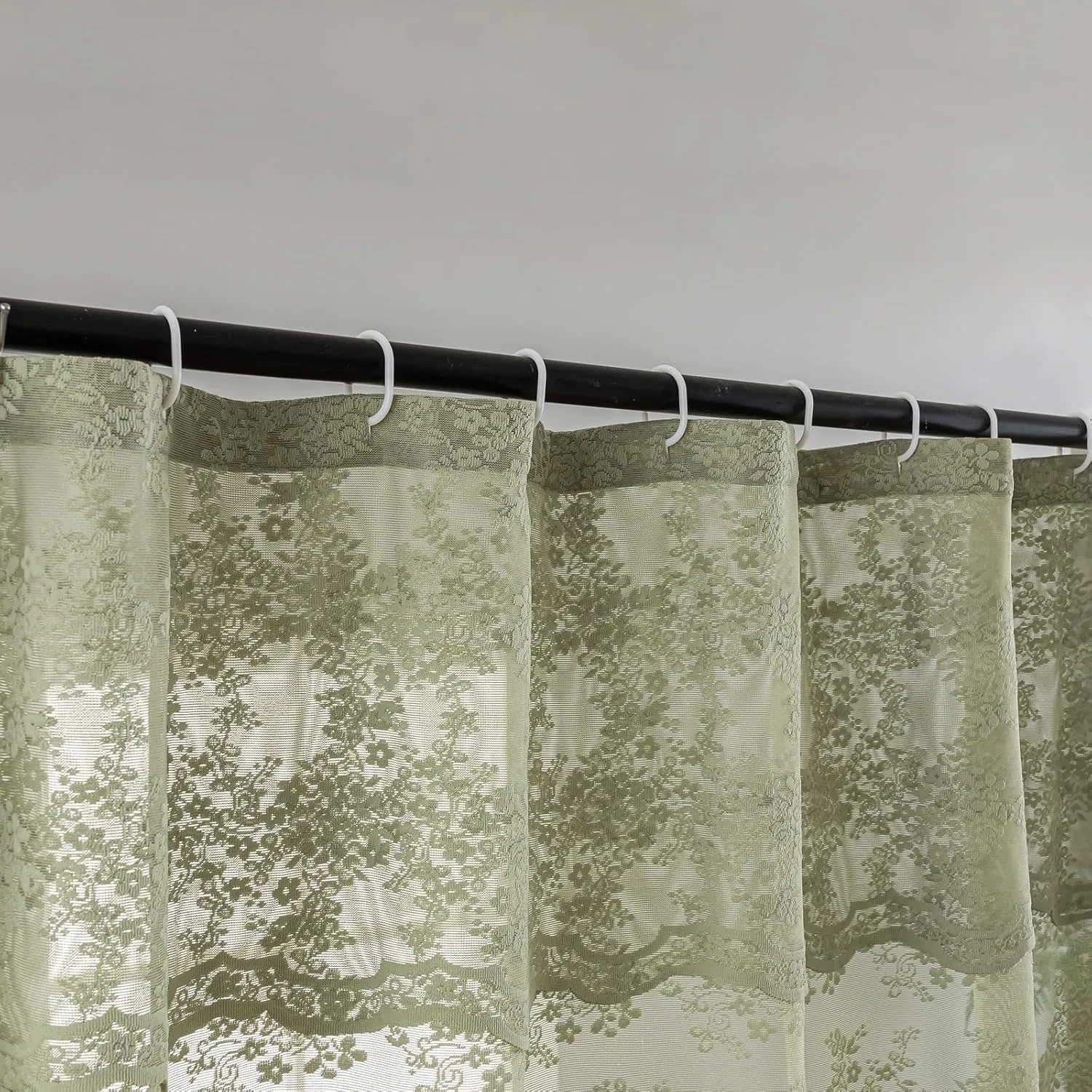 YJ YANJUN Sage Green Shower Curtain for Bathroom, Rustic Floral Lace Sheer Shower Curtain with Attached Valance, Scalloped Edge Elegant Sage Shower Curtain, 72 x 72 Inch, Sage Green