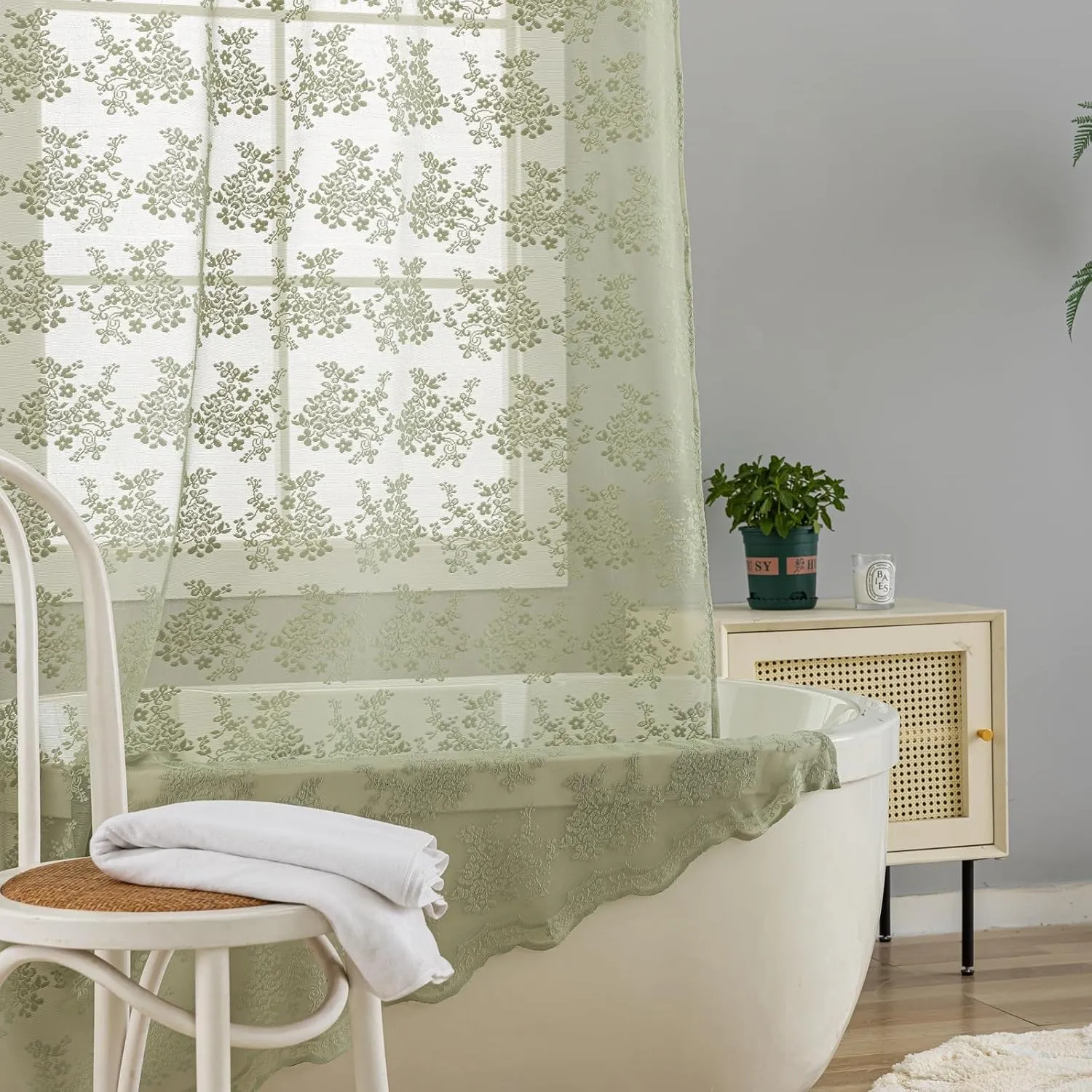 YJ YANJUN Sage Green Shower Curtain for Bathroom, Rustic Floral Lace Sheer Shower Curtain with Attached Valance, Scalloped Edge Elegant Sage Shower Curtain, 72 x 72 Inch, Sage Green