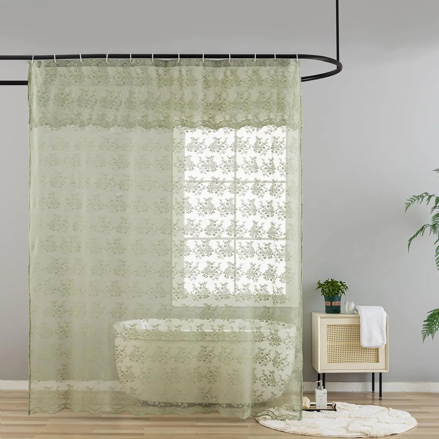 YJ YANJUN Sage Green Shower Curtain for Bathroom, Rustic Floral Lace Sheer Shower Curtain with Attached Valance, Scalloped Edge Elegant Sage Shower Curtain, 72 x 72 Inch, Sage Green