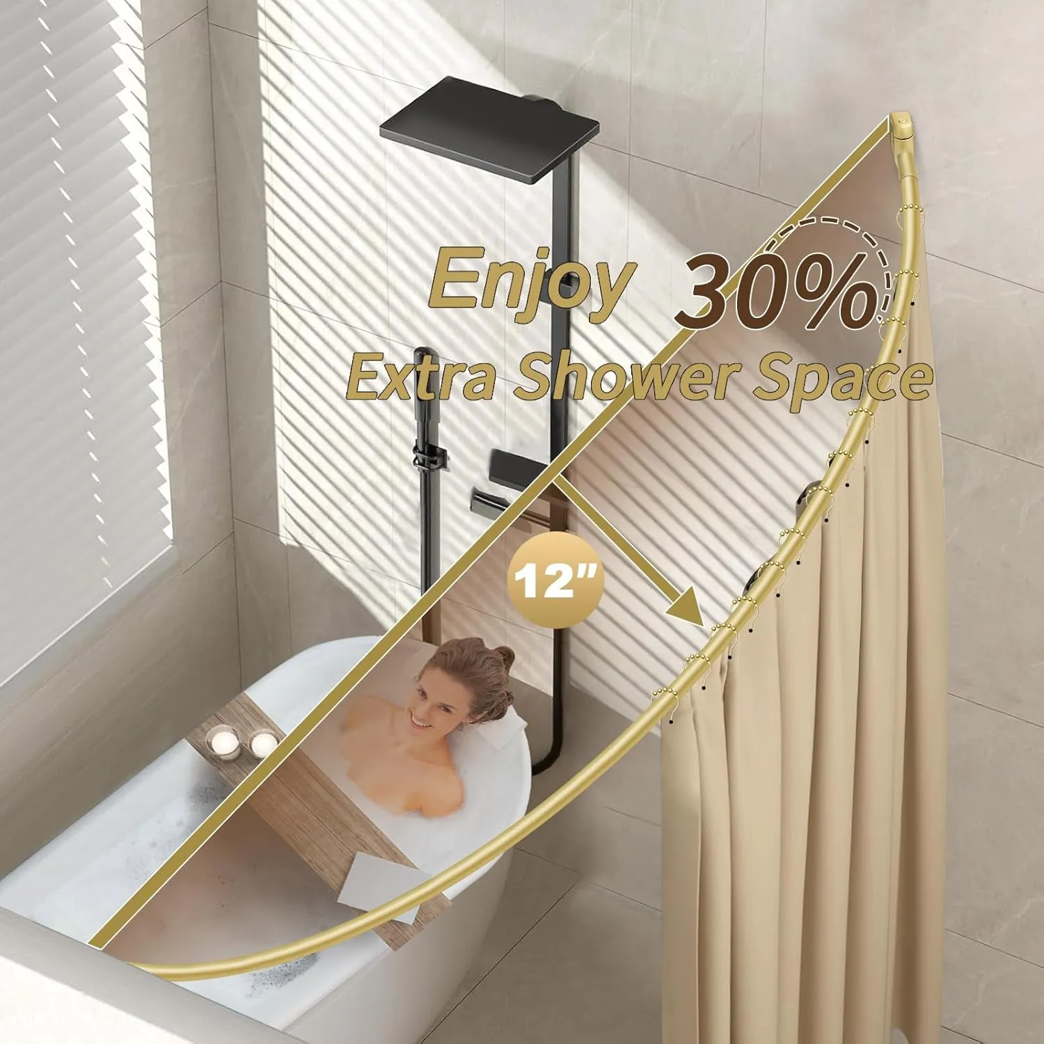 YNL Curved Shower Curtain Rod 35-82In(2.9-6.8Ft), Gold Round Rustproof Shower Rod for Bathroom Bathtub, Adjustable Arched Shower Curtain Rod, Never Rust|Extra Space|Non-Slip|Expandable|Need to Drill