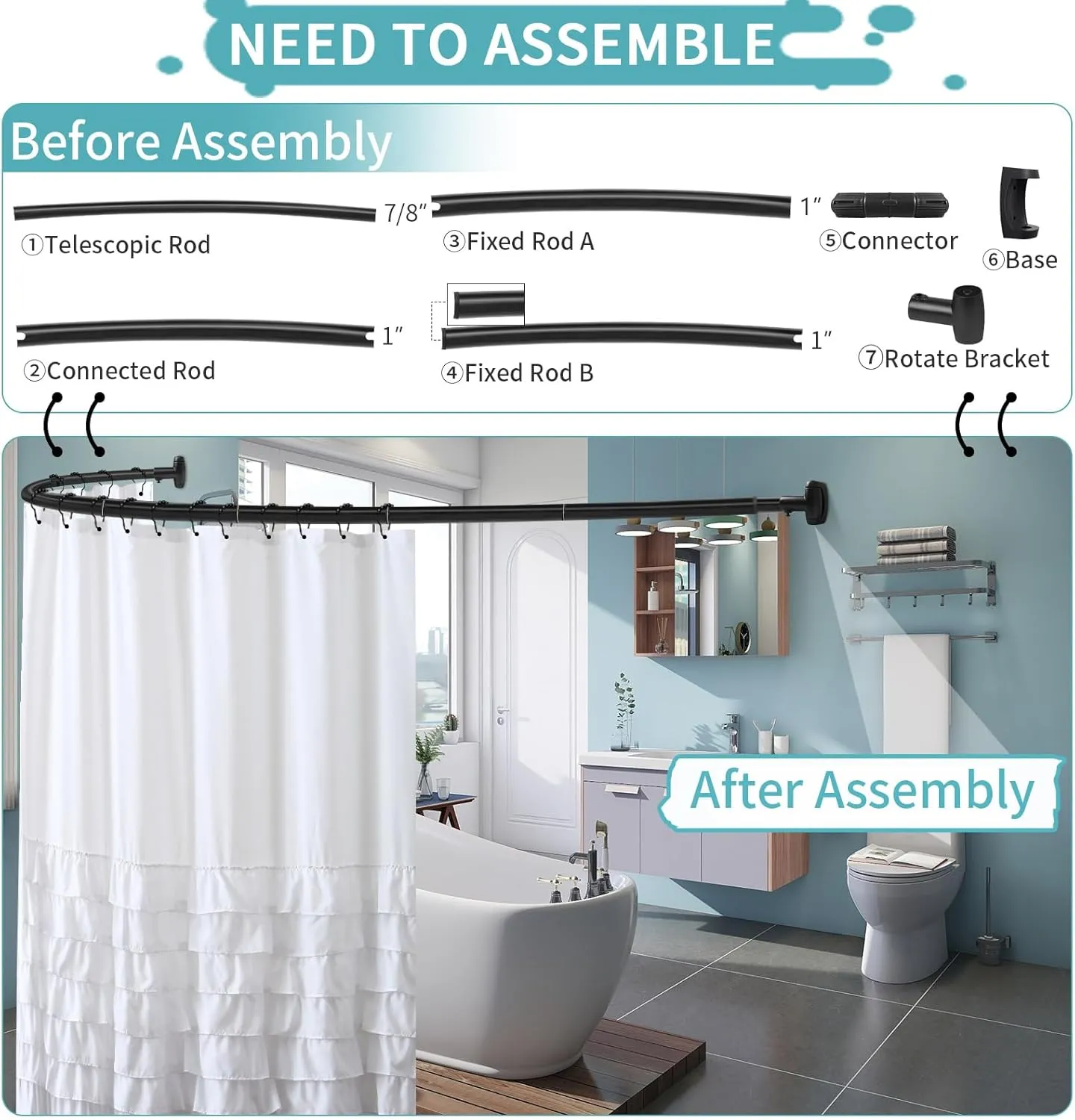 YNL Curved Shower Curtain Rod 35-82In(2.9-6.8Ft), Matte Black Rounded Rustproof Shower Rod for Bathroom Bathtub, Adjustable Arched Shower Rod, Never Rust|Extra Space|Non-Slip|Expandable|Need to Drill