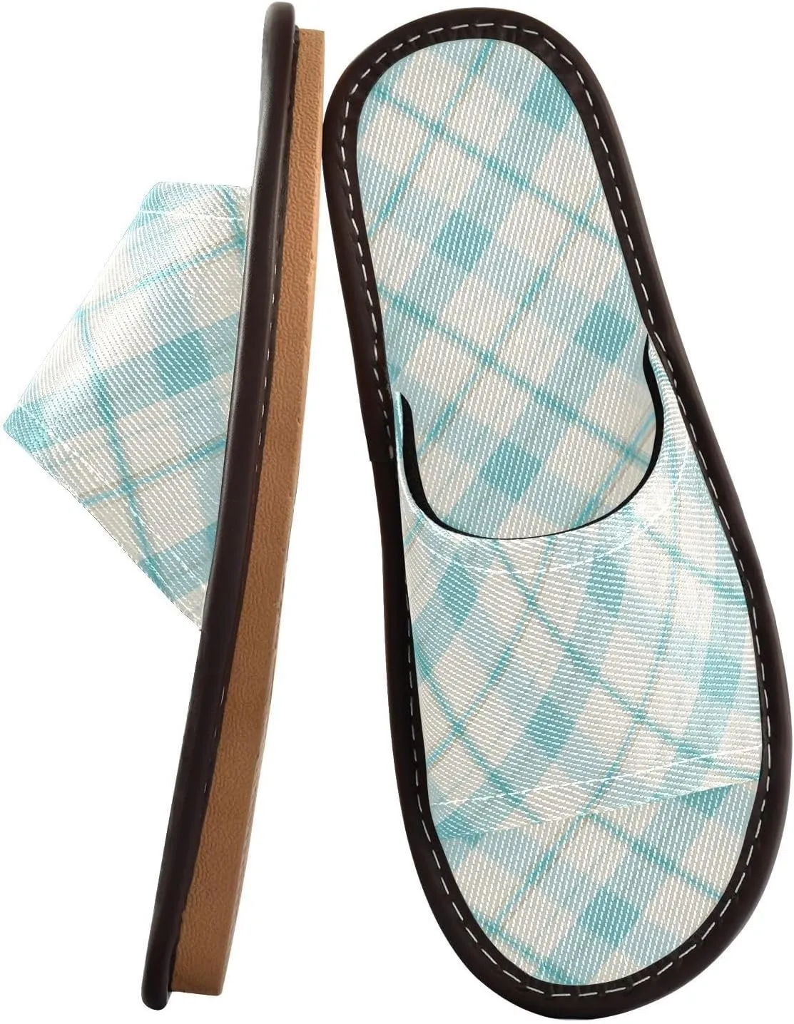 Yuiboo Light Cyan Buffalo Plaids Men Women's Spa Shower Slippers Reusable Slides Sandals for Bedroom Indoor Travel