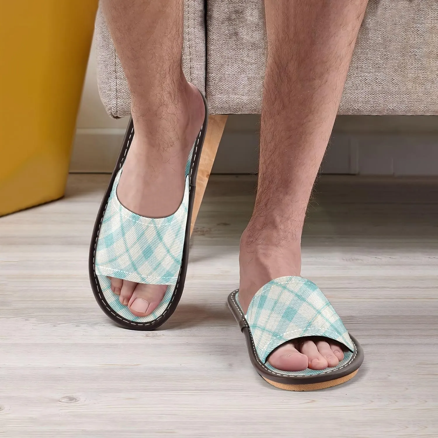 Yuiboo Light Cyan Buffalo Plaids Men Women's Spa Shower Slippers Reusable Slides Sandals for Bedroom Indoor Travel
