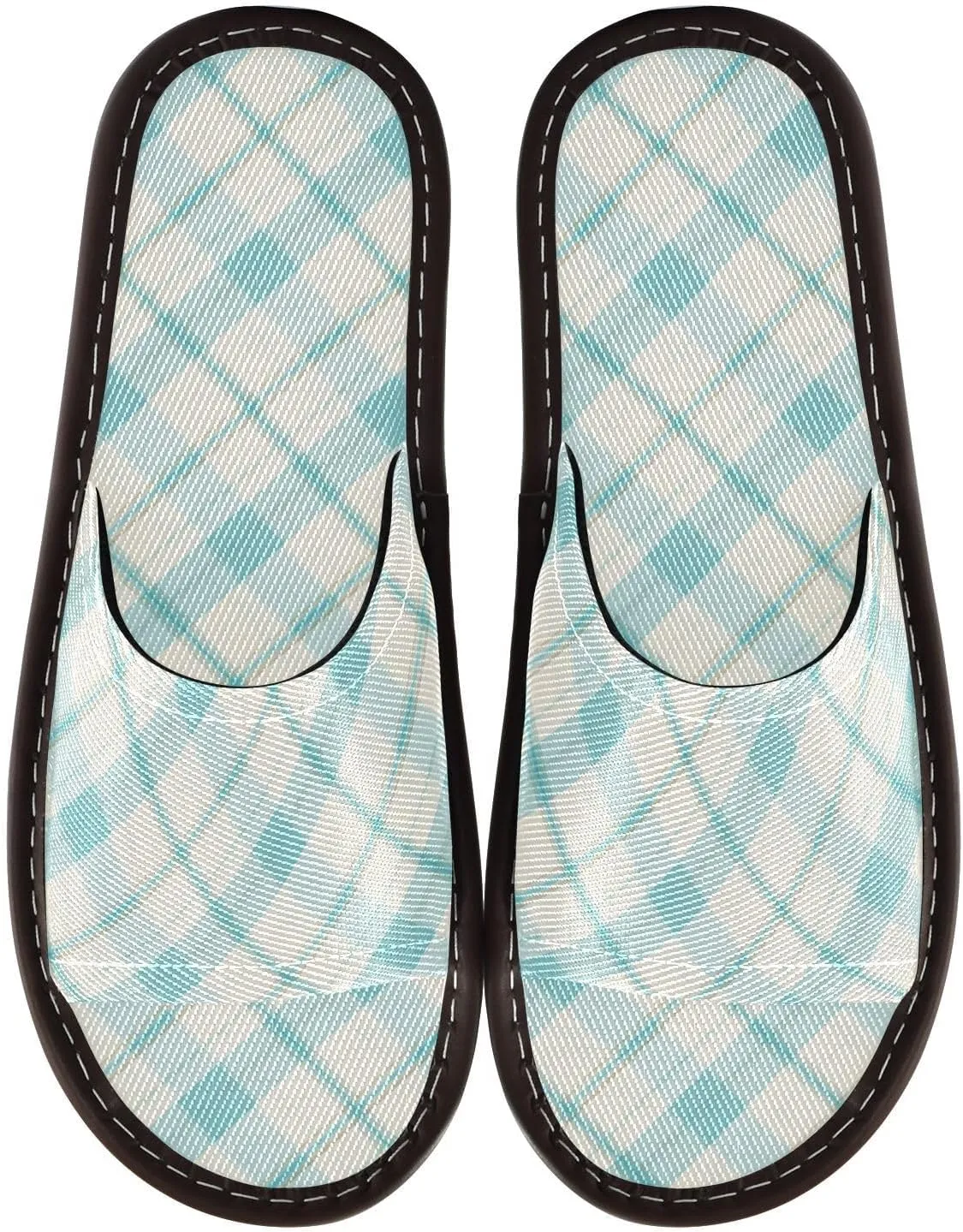 Yuiboo Light Cyan Buffalo Plaids Men Women's Spa Shower Slippers Reusable Slides Sandals for Bedroom Indoor Travel