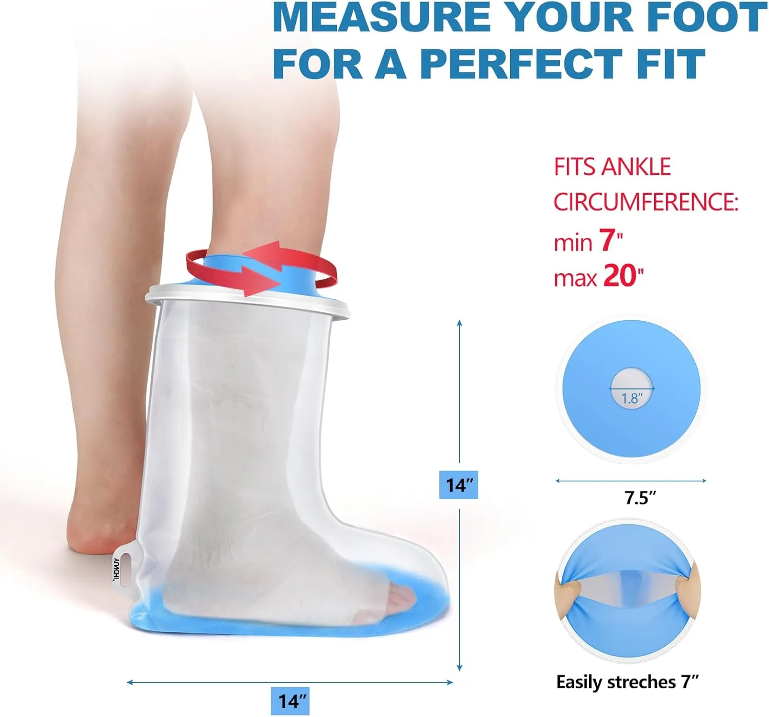 YUNCHI Waterproof Foot Cover for Shower Adults with Non-Slip Bottom, Reusable Watertight Foot Ankle Cast Protector for Foot Surgery Casts Bandages Wounds Dressing
