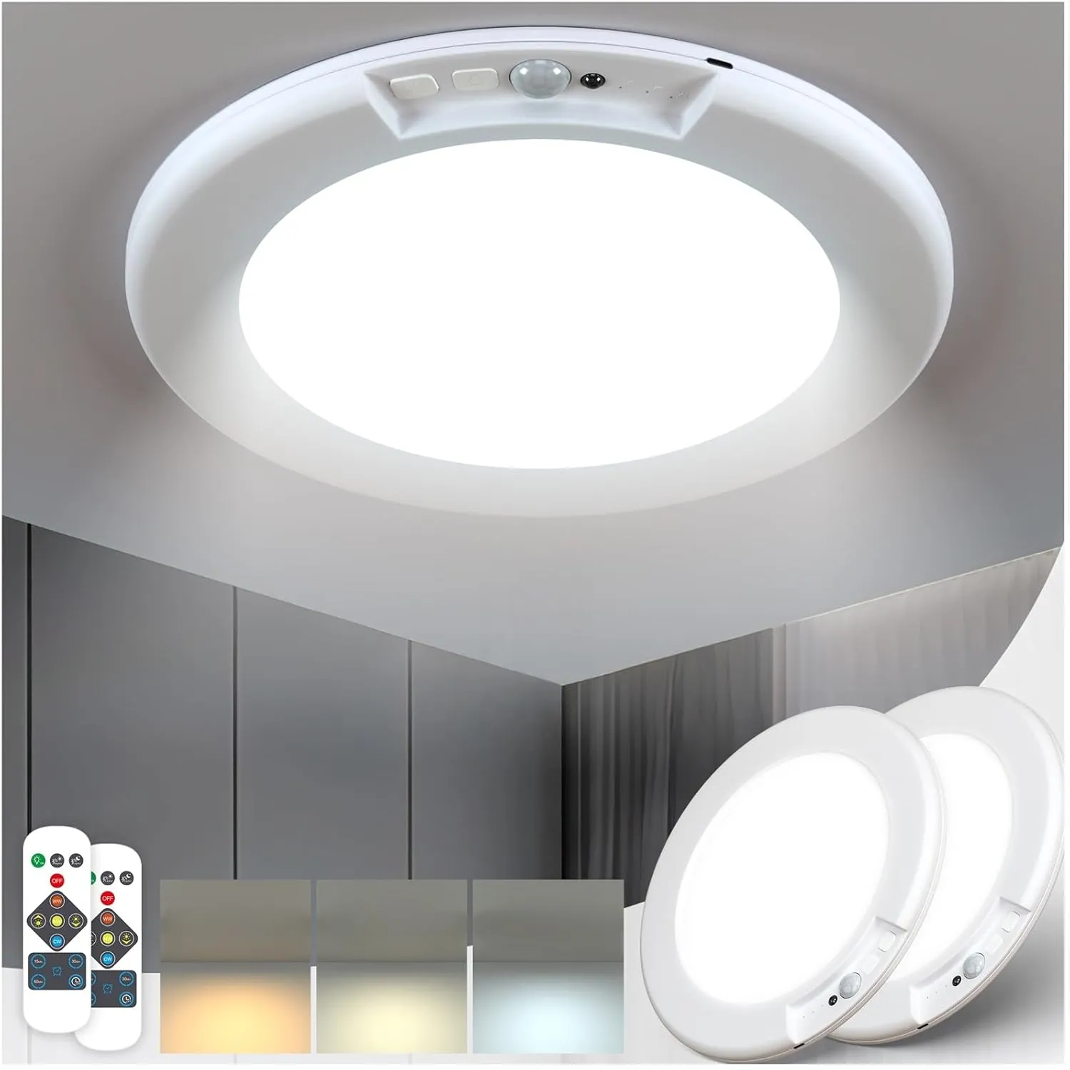 Yurnero Rechargeable Motion Sensor Closet Light - 2 Pack Battery Operated Cabinet with Remote Ultra-Thin 400LM Magnetic Suction Wireless Ceiling Lights, for Closets, Indoor, Stairs, Hallway, Shower