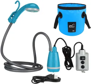 Zerone Electric Portable Shower for Camping, USB Rechargeable Camping Shower for Car Washing Pet Cleaning Traveling, 2m Rubber Water Pipe (Shower with Collapsible Bucket)